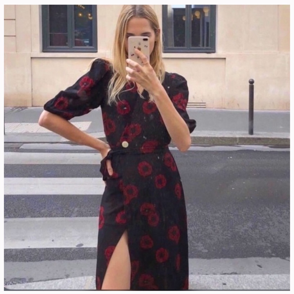 Rouje Rosalie Dress (Black and Red Wrap Dress with Puff Sleeves)